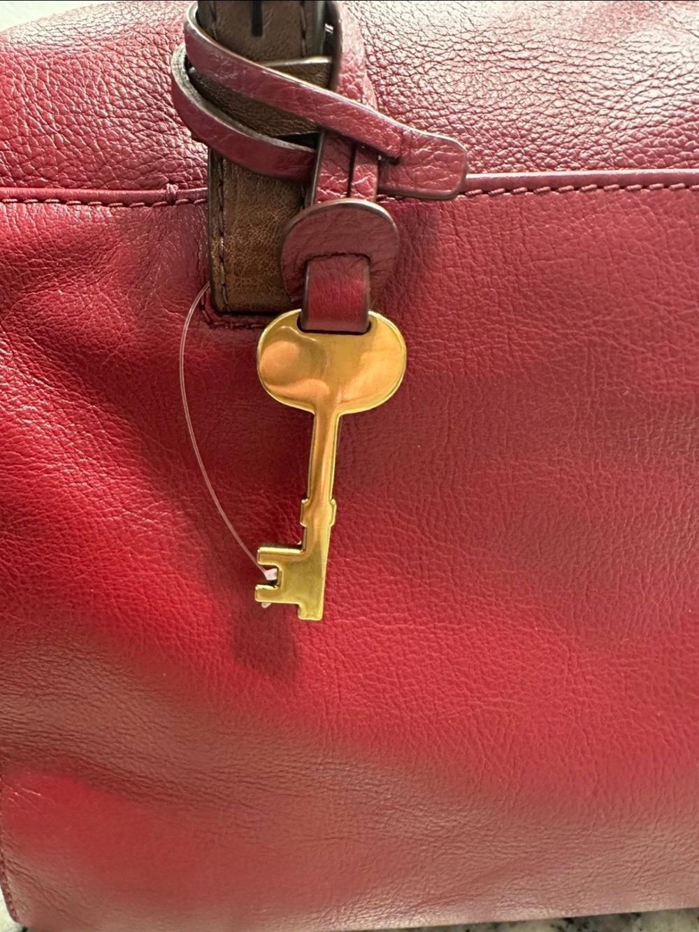 Fossil Red Leather Satchel with Brown Handles, New without tags - Picture 9 of 11